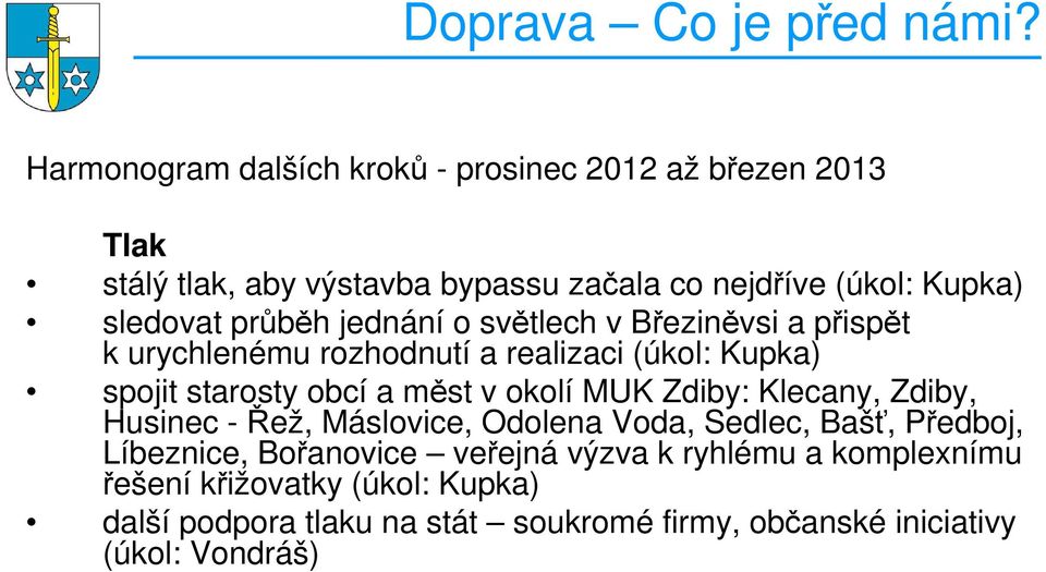 průběh jednání o světlech v Březiněvsi a přispět k urychlenému rozhodnutí a realizaci (úkol: Kupka) spojit starosty obcí a měst v okolí MUK