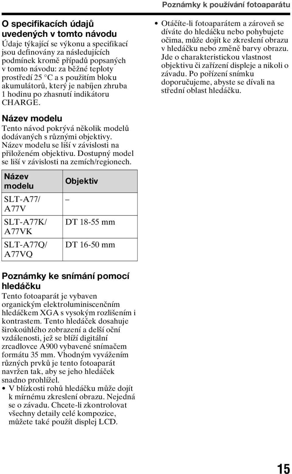 Název modelu Tento návod pokrývá několik modelů dodávaných s různými objektivy. Název modelu se liší v závislosti na přiloženém objektivu. Dostupný model se liší v závislosti na zemích/regionech.
