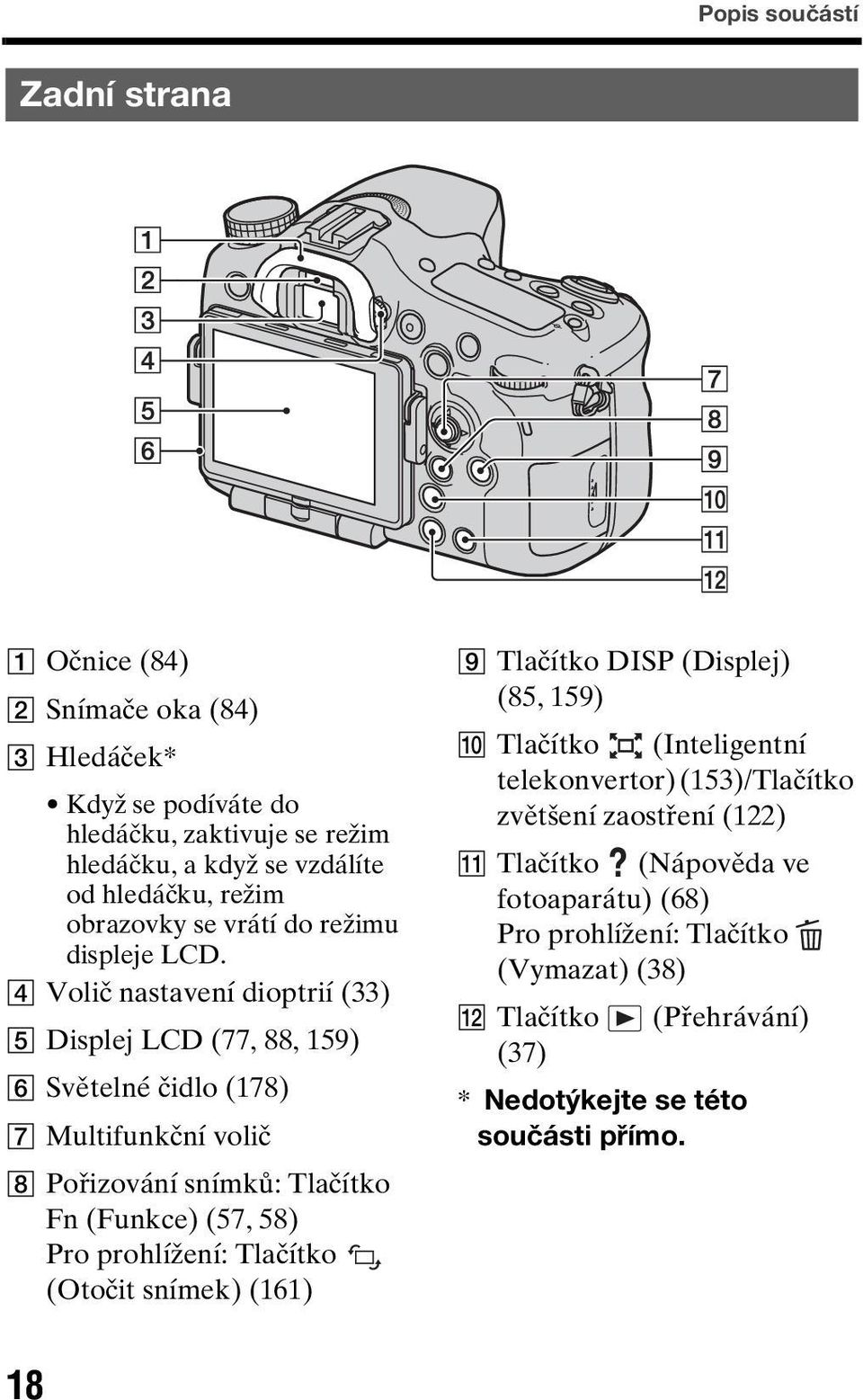 D Volič nastavení dioptrií (33) E Displej LCD (77, 88, 159) F Světelné čidlo (178) G Multifunkční volič H Pořizování snímků: Tlačítko Fn (Funkce) (57, 58) Pro prohlížení: