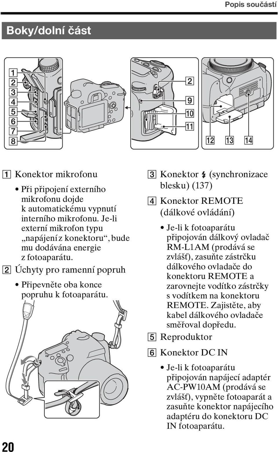 C Konektor (synchronizace blesku) (137) D Konektor REMOTE (dálkové ovládání) Je-li k fotoaparátu připojován dálkový ovladač RM-L1AM (prodává se zvlášť), zasuňte zástrčku dálkového ovladače do