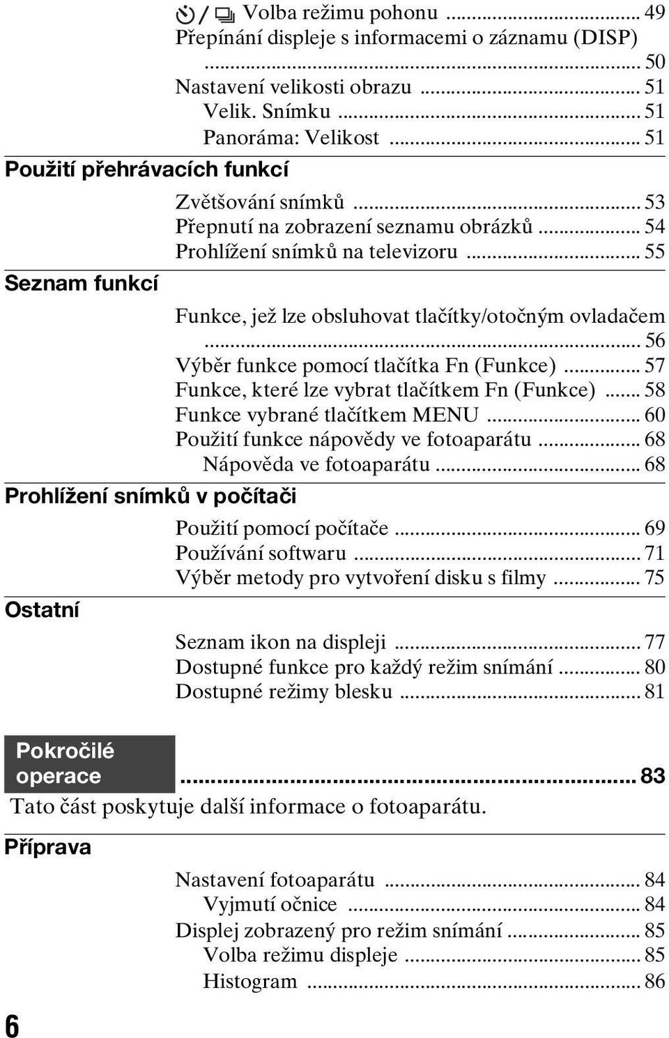 .. 55 Seznam funkcí Funkce, jež lze obsluhovat tlačítky/otočným ovladačem... 56 Výběr funkce pomocí tlačítka Fn (Funkce)... 57 Funkce, které lze vybrat tlačítkem Fn (Funkce).