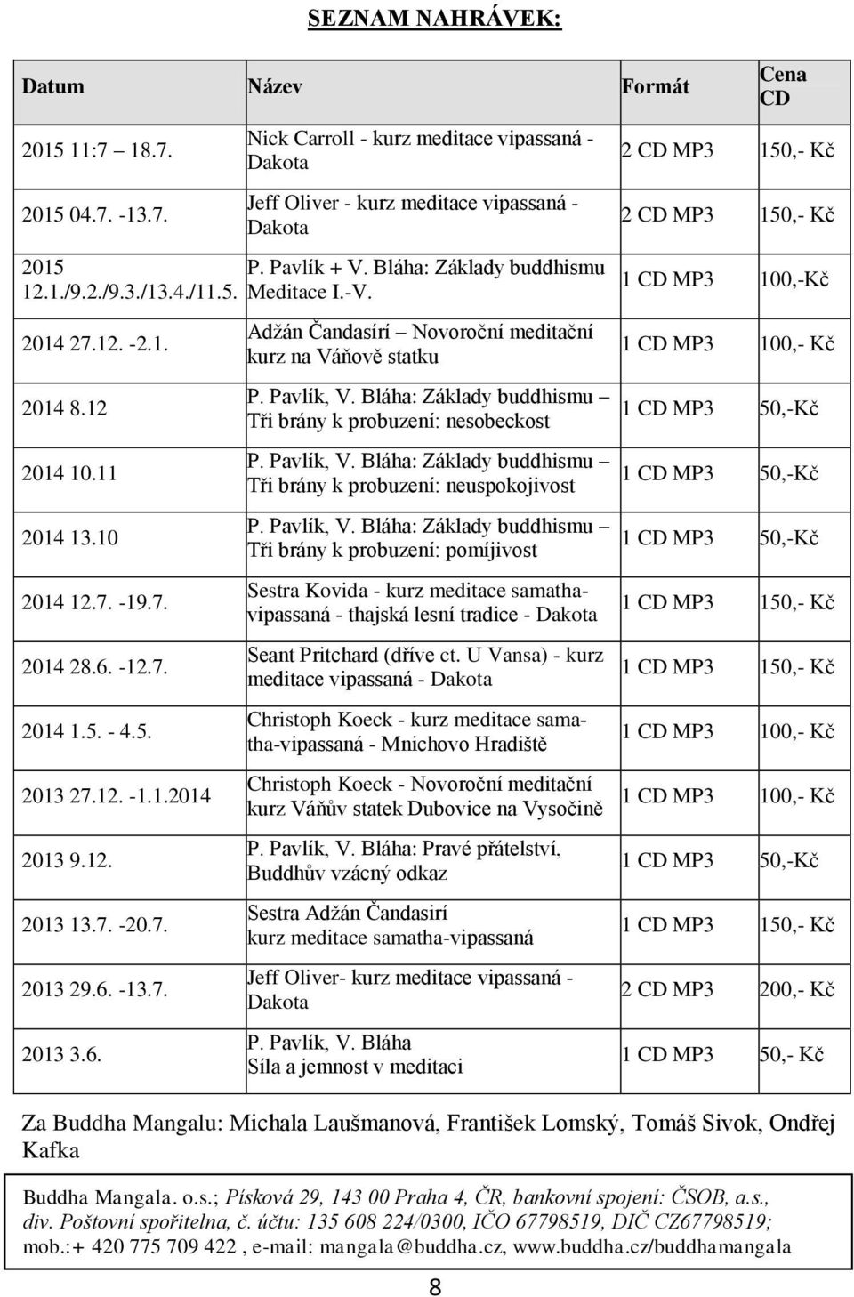 12. 2013 13.7. -20.7. 2013 29.6. -13.7. 2013 3.6. Adžán Čandasírí Novoroční meditační kurz na Váňově statku P. Pavlík, V. Bláha: Základy buddhismu Tři brány k probuzení: nesobeckost P. Pavlík, V. Bláha: Základy buddhismu Tři brány k probuzení: neuspokojivost P.