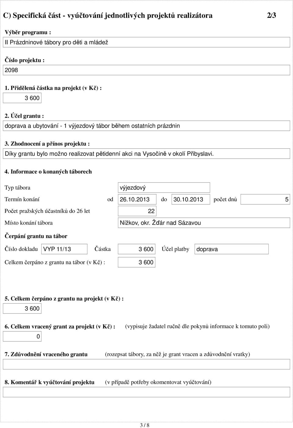 Informace o konaných táborech Typ tábora výjezdový Termín konání od 26.10.2013 do 30.10.2013 počet dnů 5 Počet pražských účastníků do 26 let 22 Místo konání tábora Nížkov, okr.