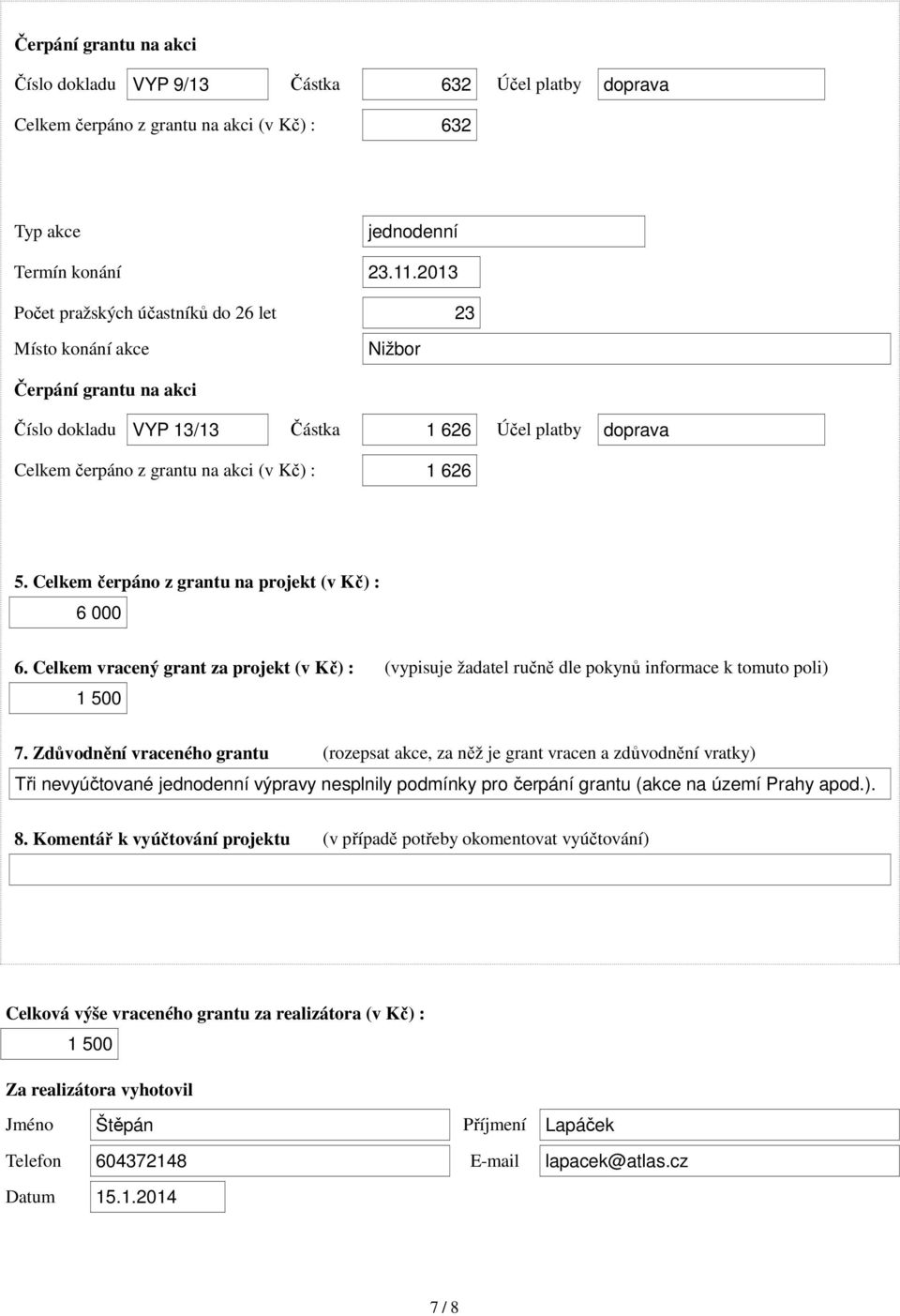 Celkem čerpáno z grantu na projekt (v Kč) : 6 000 6. Celkem vracený grant za projekt (v Kč) : (vypisuje žadatel ručně dle pokynů informace k tomuto poli) 1 500 7.