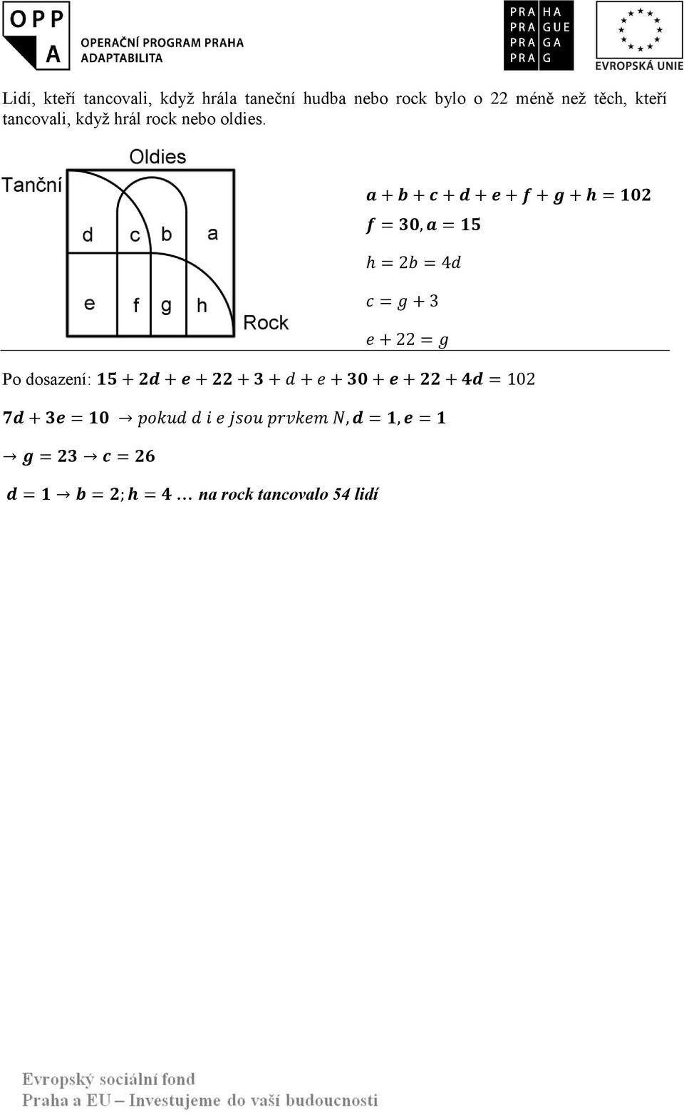 g Po dosazení: 15 + 2d + e + 22 + 3 + d + e + 30 + e + 22 + 4d = 102 7d + 3e = 10 pokud