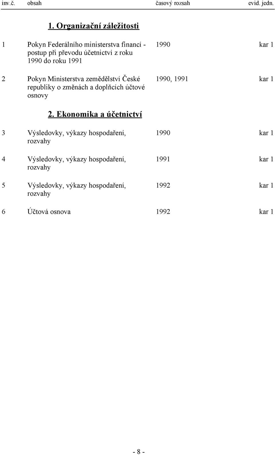 2 Pokyn Ministerstva zemědělství České republiky o změnách a doplňcích účtové osnovy 1990 kar 1 1990, 1991 kar 1 2.