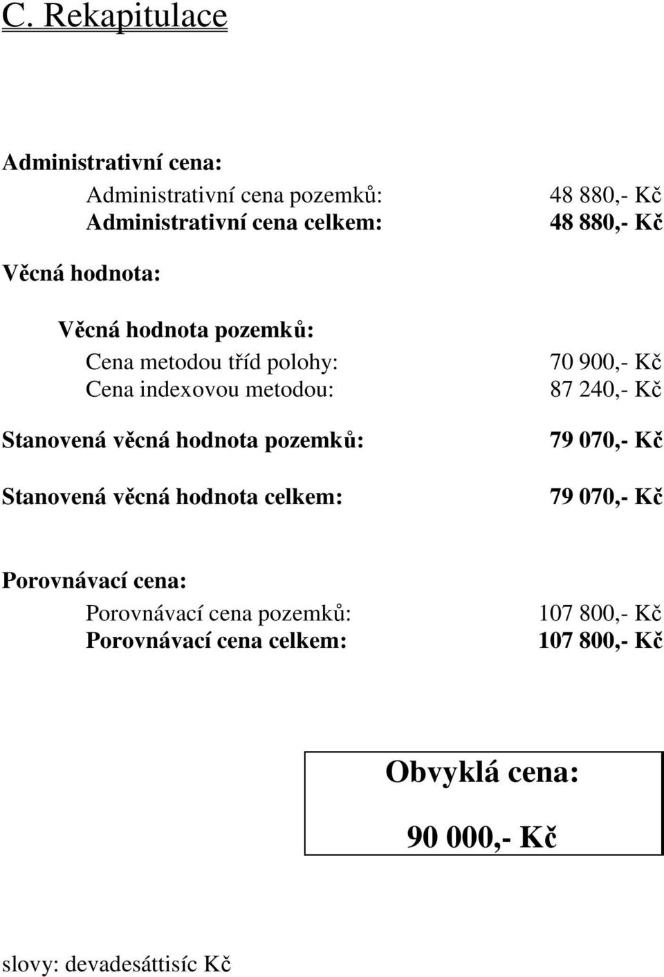 hodnota pozemků: Stanovená věcná hodnota celkem: 70 900,- Kč 87 240,- Kč 79 070,- Kč 79 070,- Kč Porovnávací cena: