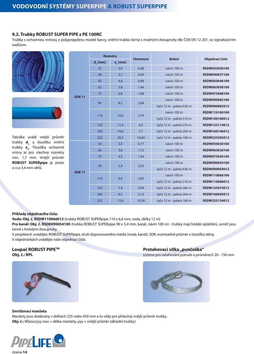 Tabulka uvádí vnější průměr trubky d n a tloušťku vnitřní trubky e n. Tloušťka ochranné vrstvy je pro všechny rozměry min. 1,7 mm. Vnější průměr ROBUST SUPERpipe je proto o cca 3,4 mm větší.