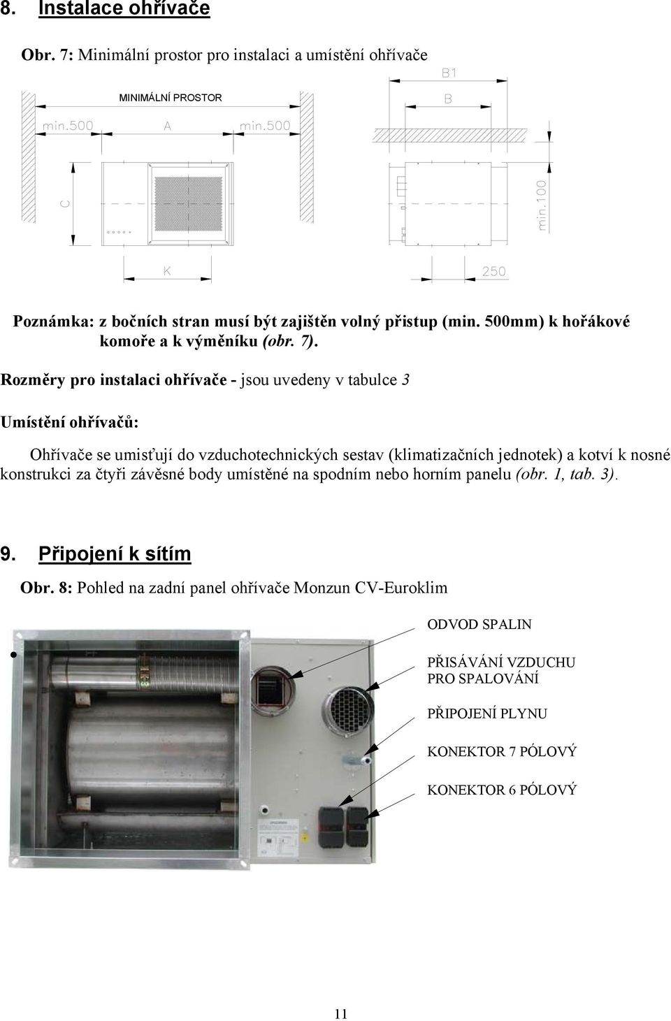 Rozměry pro instalaci ohřívače - jsou uvedeny v tabulce 3 Umístění ohřívačů: Ohřívače se umisťují do vzduchotechnických sestav (klimatizačních jednotek) a kotví k