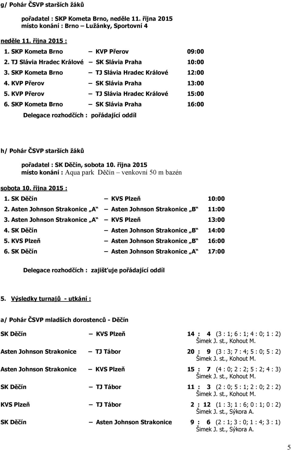 SKP Kometa Brno SK Slávia Praha 16:00 Delegace rozhodčích : pořádající oddíl h/ Pohár ČSVP starších žáků pořadatel : SK Děčín, sobota 10.