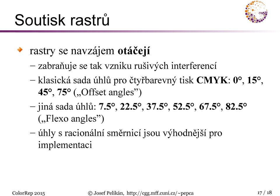 úhlů: 7.5, 22.5, 37.5, 52.5, 67.5, 82.