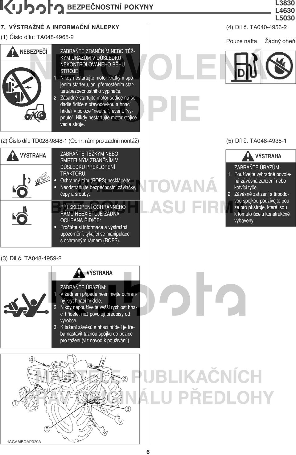 Zásadně startujte motor sedíce na se dadle řidiče s převodovkou a hnací hřídelí v poloze "neutrál", event. "vy pnuto". Nikdy nestartujte motor stojíce vedle stroje. (2) Číslo dílu TD028 9848 1 (Ochr.