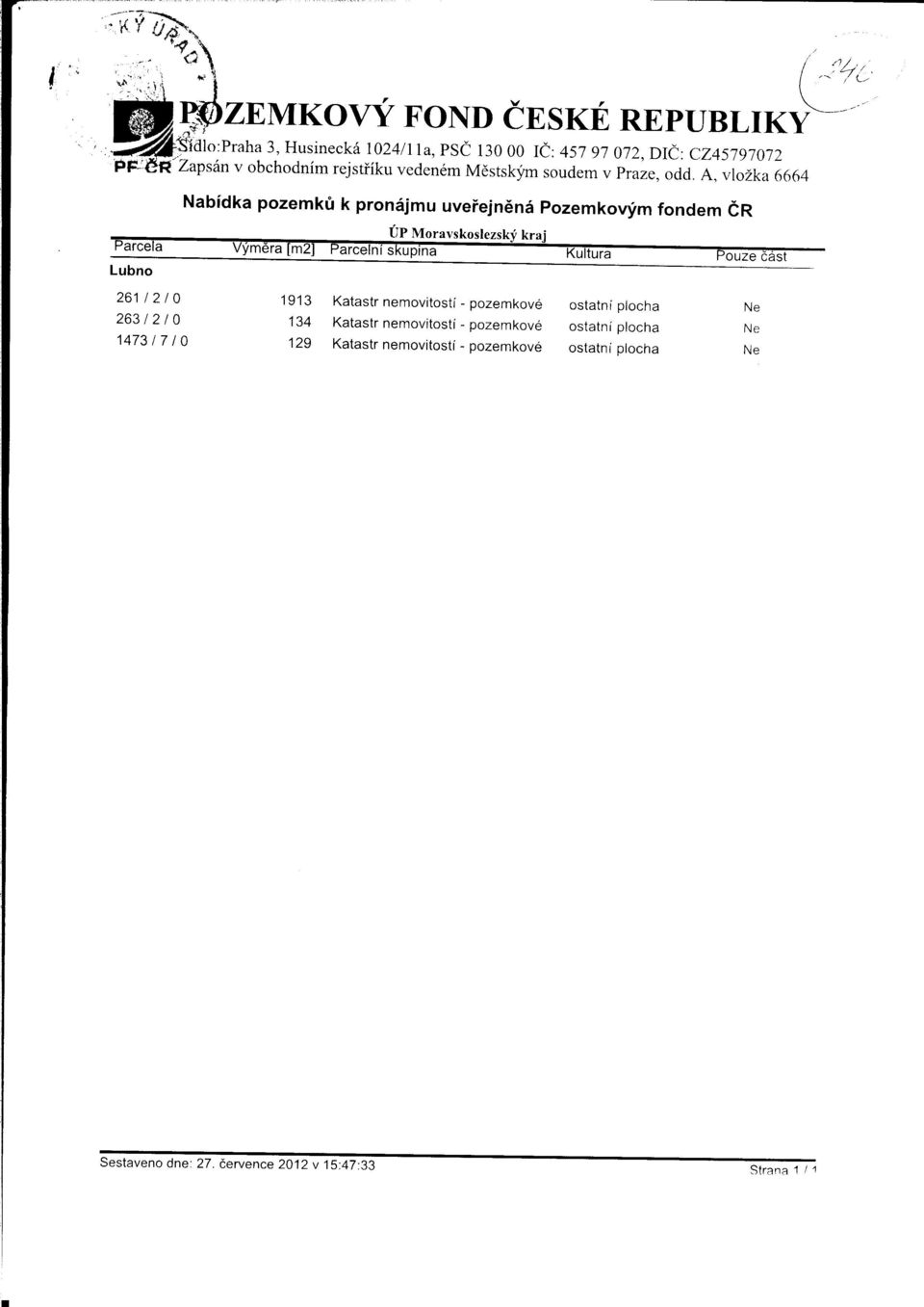 A, vlo2ka 6664 Nabidka pozemku k pronajmu uverejnena Pozemkovgm fondem CR UP Moravskoslezsky kraj Parcela Vymera [m2] Parcelni skupina Kultura Pouze