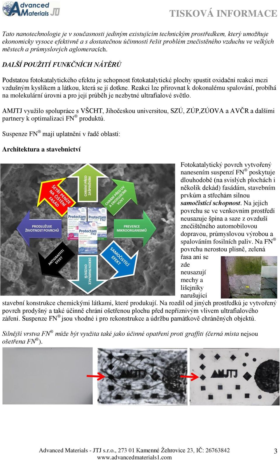 DALŠÍ POUŽITÍ FUNKČNÍCH NÁTĚRŮ Podstatou fotokatalytického efektu je schopnost fotokatalytické plochy spustit oxidační reakci mezi vzdušným kyslíkem a látkou, která se jí dotkne.