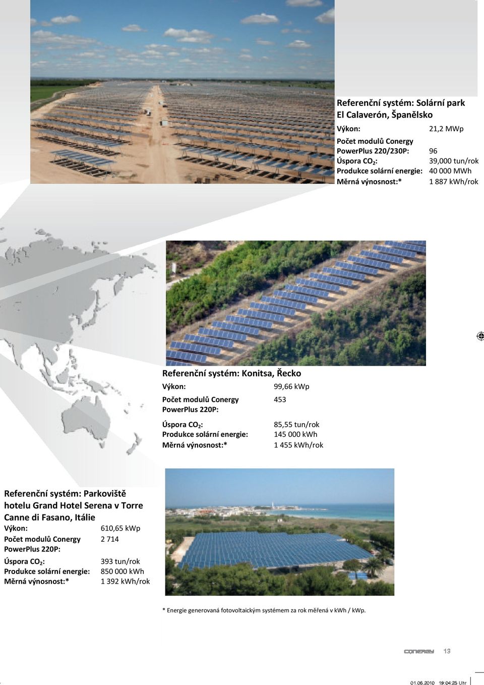 výnosnost:* 85,55 tun/rok 145 000 kwh 1 455 kwh/rok Referenční systém: Parkoviště hotelu Grand Hotel Serena v Torre Canne di Fasano, Itálie Výkon: Počet modulů Conergy PowerPlus