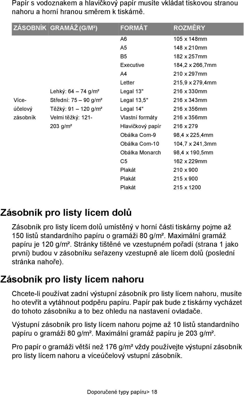 184,2 x 266,7mm A4 210 x 297mm Letter 215,9 x 279,4mm Legal 13" 216 x 330mm Legal 13,5" 216 x 343mm Legal 14" 216 x 356mm Vlastní formáty 216 x 356mm Hlavičkový papír 216 x 279 Obálka Com-9 98,4 x