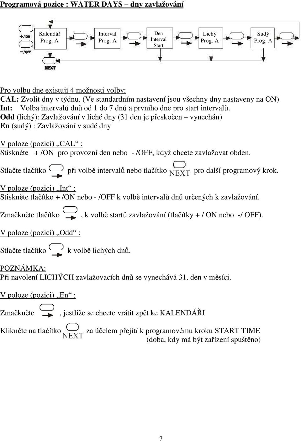 Odd (lichý): Zavlažování v liché dny (31 den je přeskočen vynechán) En (sudý) : Zavlažování v sudé dny V poloze (pozici) CAL : Stiskněte + /ON pro provozní den nebo - /OFF, když chcete zavlažovat