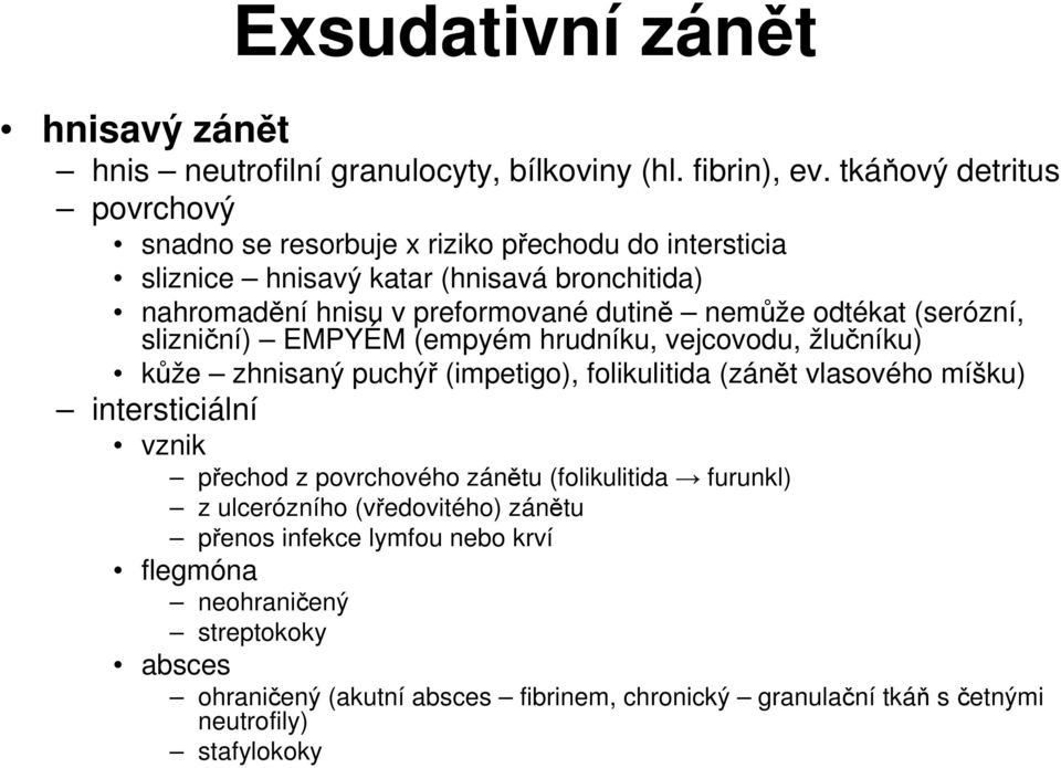 nemůže odtékat (serózní, slizniční) EMPYÉM (empyém hrudníku, vejcovodu, žlučníku) kůže zhnisaný puchýř (impetigo), folikulitida (zánět vlasového míšku) intersticiální