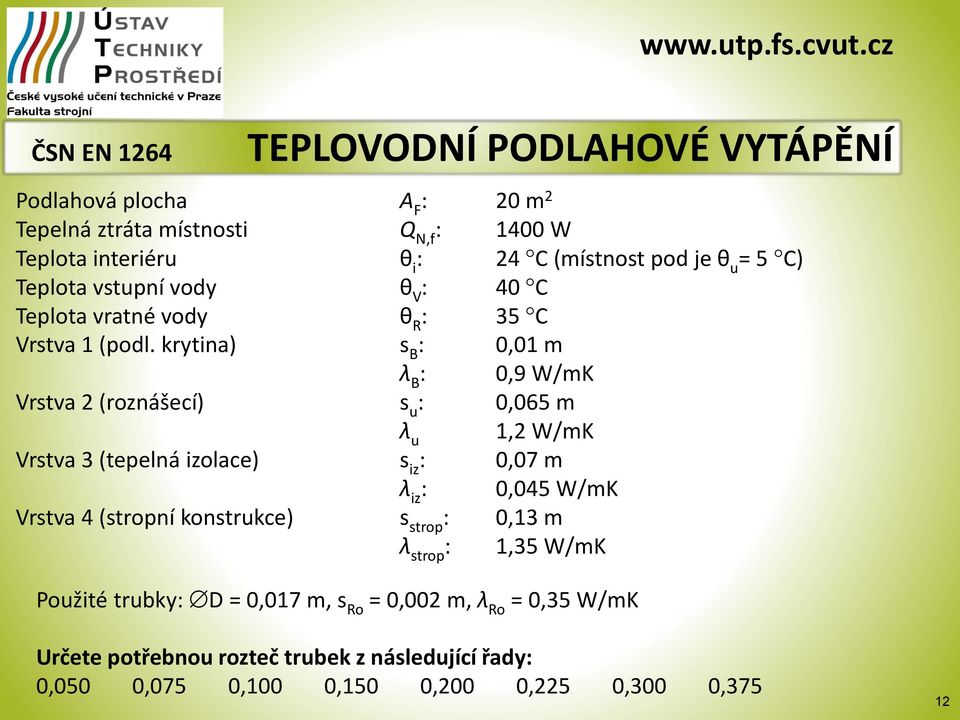 1, W/K Vrstva 3 (tepelná izolace) s iz : 0,07 λ iz : 0,045 W/K Vrstva 4 (stropní konstrkce) s strop : 0,13 λ strop : 1,35 W/K Požité