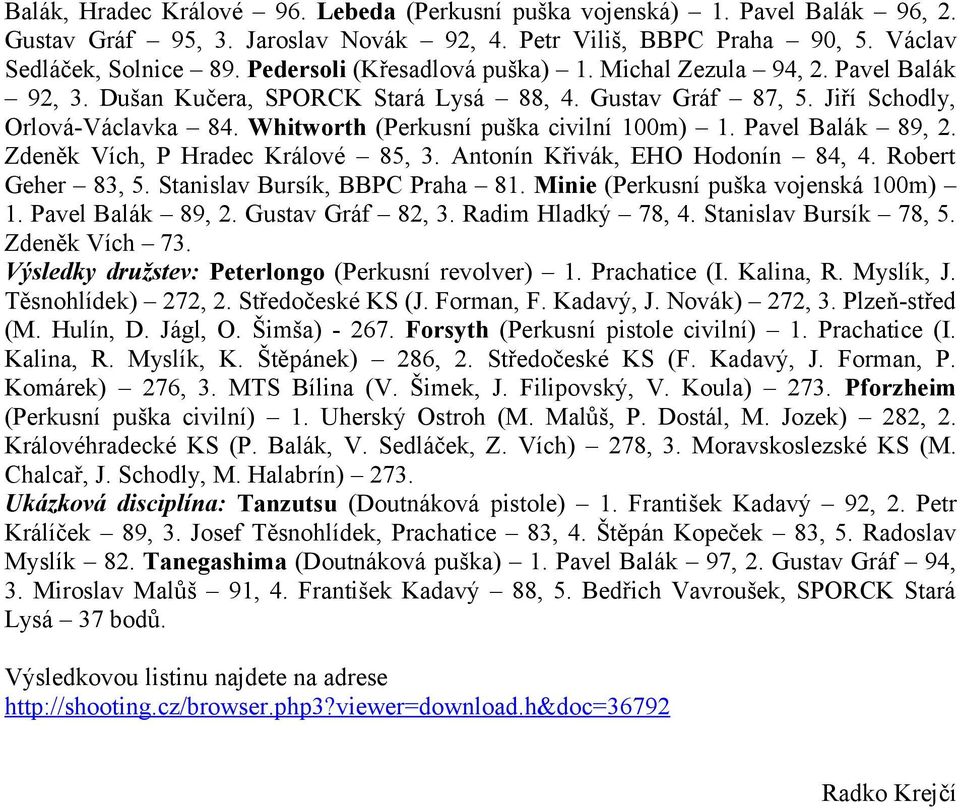 Whitworth (Perkusní puška civilní 100m) 1. Pavel Balák 89, 2. Zdeněk Vích, P Hradec Králové 85, 3. Antonín Křivák, EHO Hodonín 84, 4. Robert Geher 83, 5. Stanislav Bursík, BBPC Praha 81.