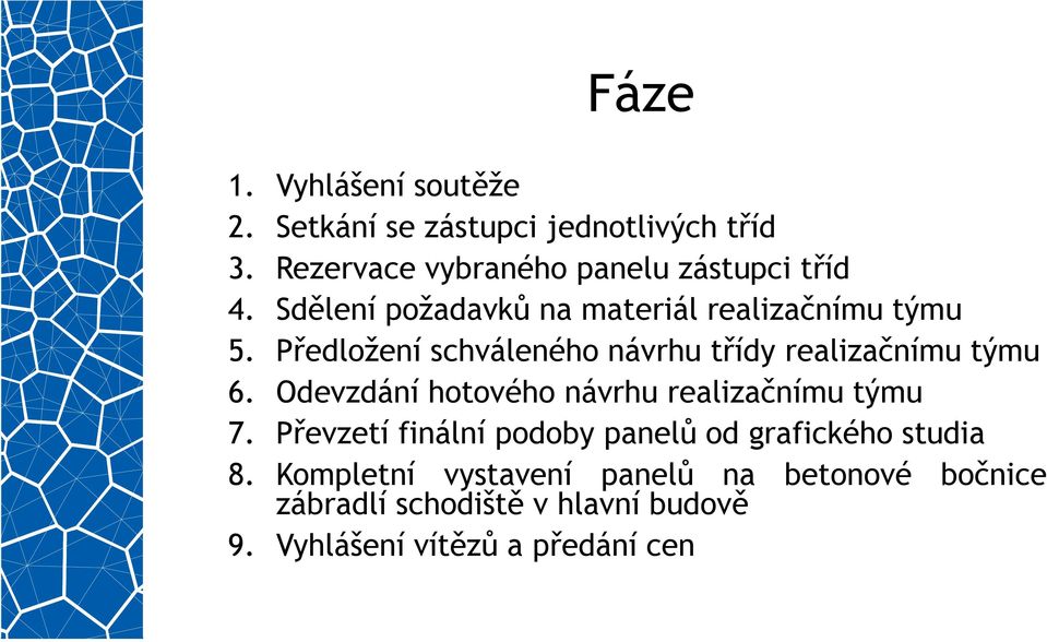 Předložení schváleného návrhu třídy realizačnímu týmu 6. Odevzdání hotového návrhu realizačnímu týmu 7.