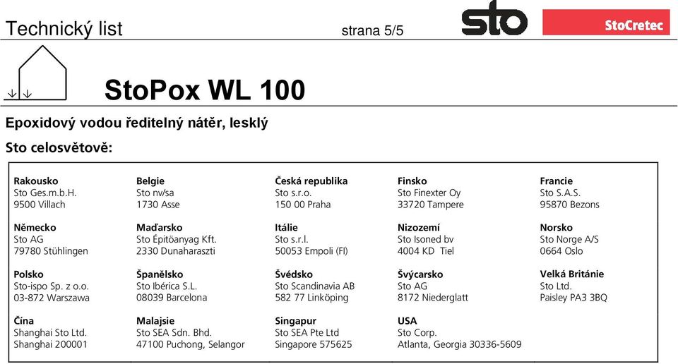 z o.o. 03-872 Warszawa Španělsko Sto Ibérica S.L. 08039 Barcelona Švédsko Sto Scandinavia AB 582 77 Linköping Švýcarsko Sto AG 8172 Niederglatt Velká Británie Sto Ltd.