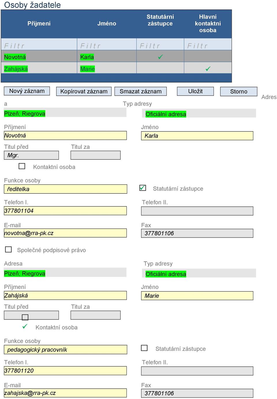 Kontaktní osoba Titul za Jméno Karla Funkce osoby ředitelka Statutární zástupce Telefon I. 377801104 E-mail novotna@rra-pk.cz Telefon II.