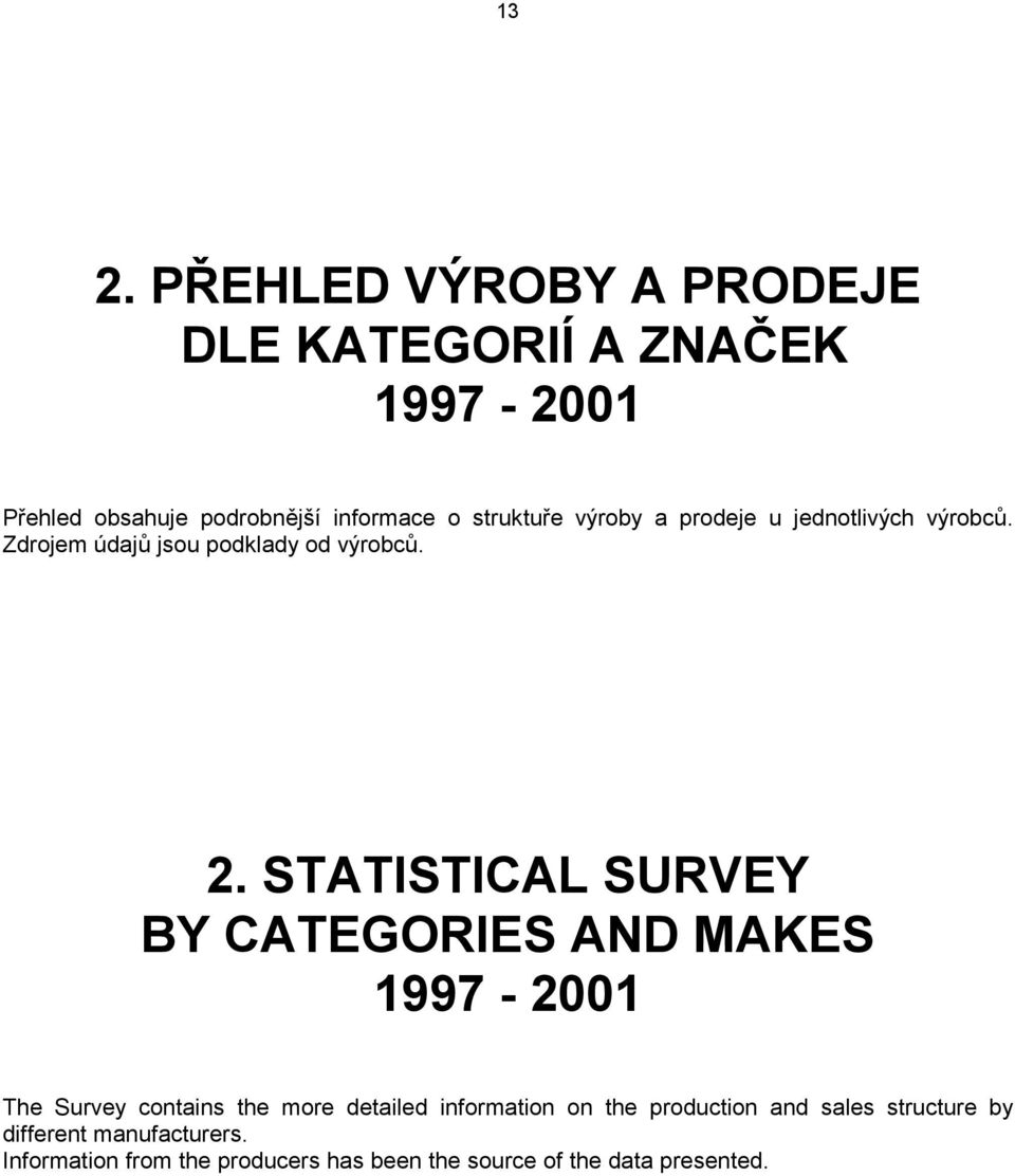 STATISTICAL SURVEY BY CATEGORIES AND MAKES 1997-2001 The Survey contains the more detailed information on the