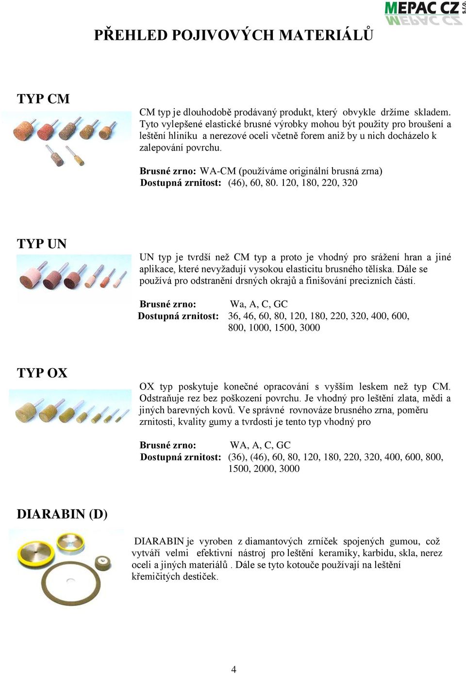 Brusné zrno: WA-CM (používáme originální brusná zrna) Dostupná zrnitost: (46), 60, 80.