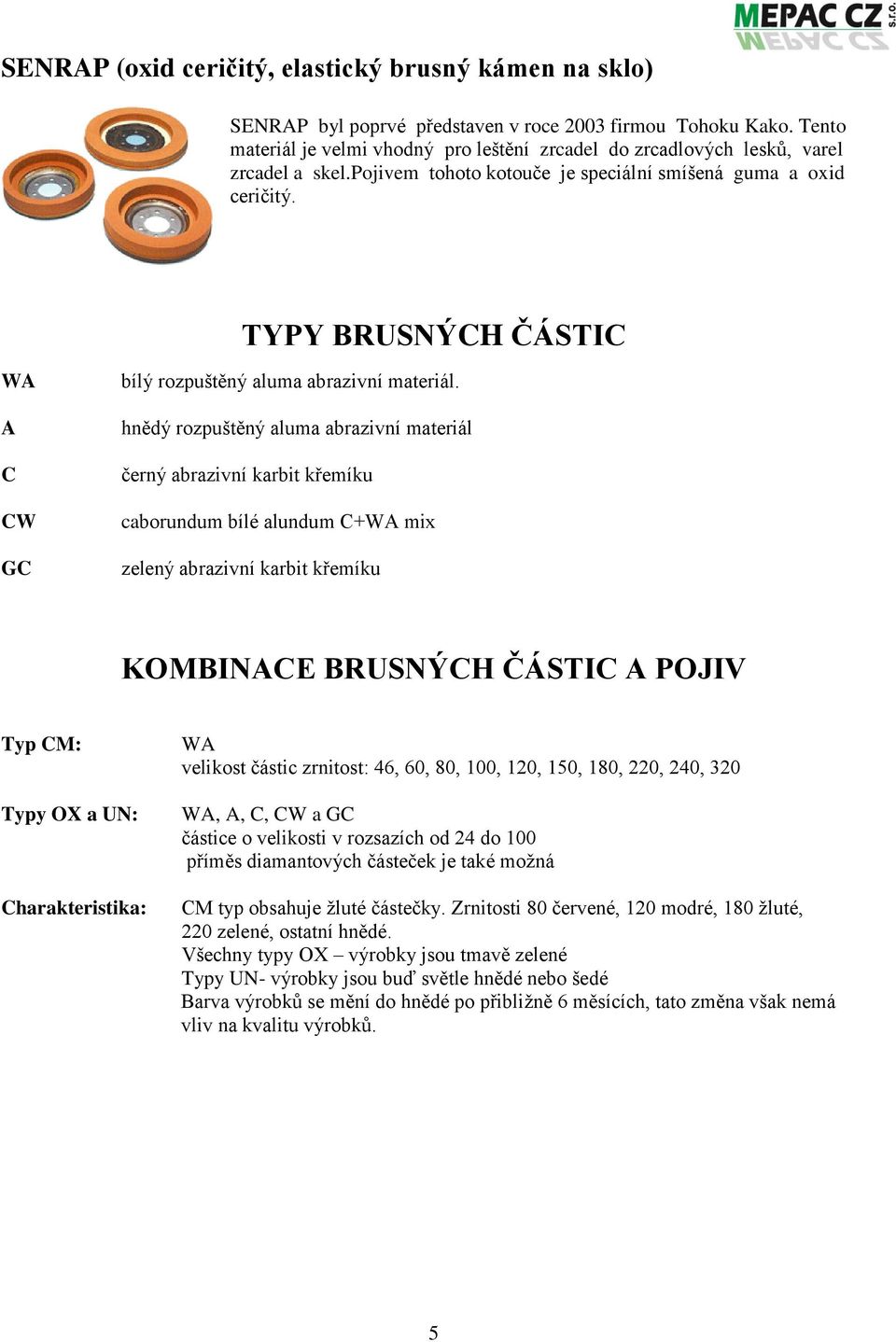 TYPY BRUSNÝCH ČÁSTIC WA A C CW GC bílý rozpuštěný aluma abrazivní materiál.