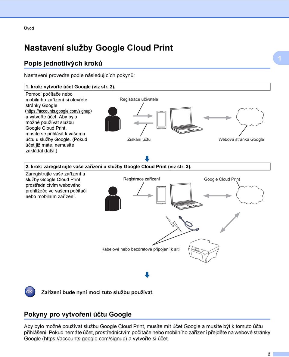 Aby bylo možné používat službu Google Cloud Print, musíte se přihlásit k vašemu účtu u služby Google. (Pokud účet již máte, nemusíte zakládat další.
