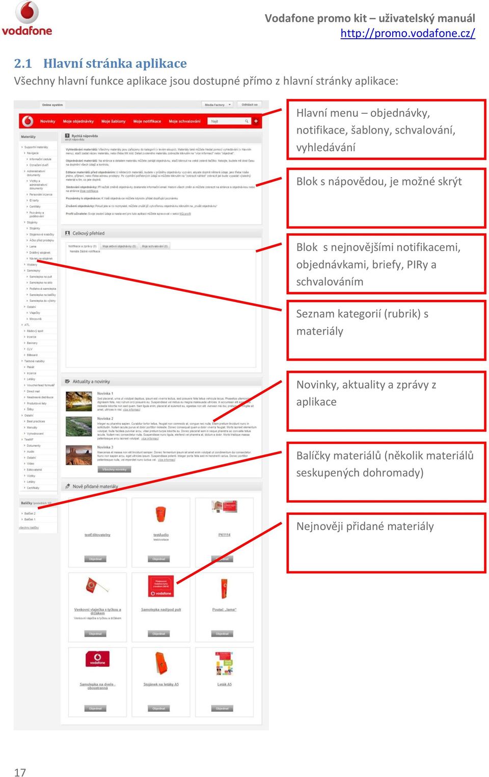 nejnovějšími notifikacemi, objednávkami, briefy, PIRy a schvalováním Seznam kategorií (rubrik) s materiály