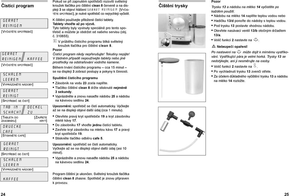 Tyto tablety byly vyvinuty speciálně pro tento spotřebič a můžete je obdržet od našeho servisu (obj. č. 310655). V průběhu čisticího programu bliká světelný kroužek tlačítka pro čištění clean 8.