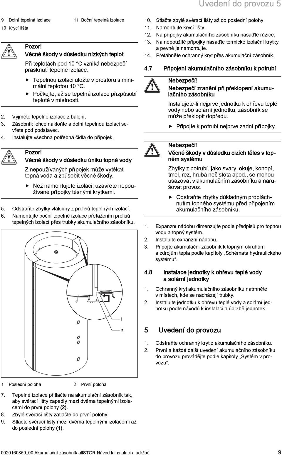 Zásobník lehce nakloňte a dolní tepelnou izolaci sevřete pod podstavec. 4. Instalujte všechna potřebná čidla do přípojek. Pozor!