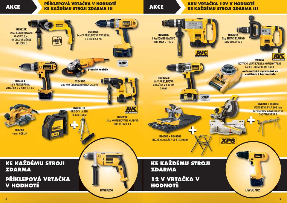 DC745KA 12 V PŘÍKLEPOVÁ VRTAČKA 2 x NiCd 2,0 Ah plynulý rozběh D28432C 230 mm ÚHLOVÁ BRUSKA 2600 W DCD925L2 18 V PŘÍKLEPOVÁ VRTAČKA 2 x Li-Ion 2,0 Ah DW075K ROTAČNÍ VERTIKÁLNÍ A HORIZONTÁLNÍ LASER -