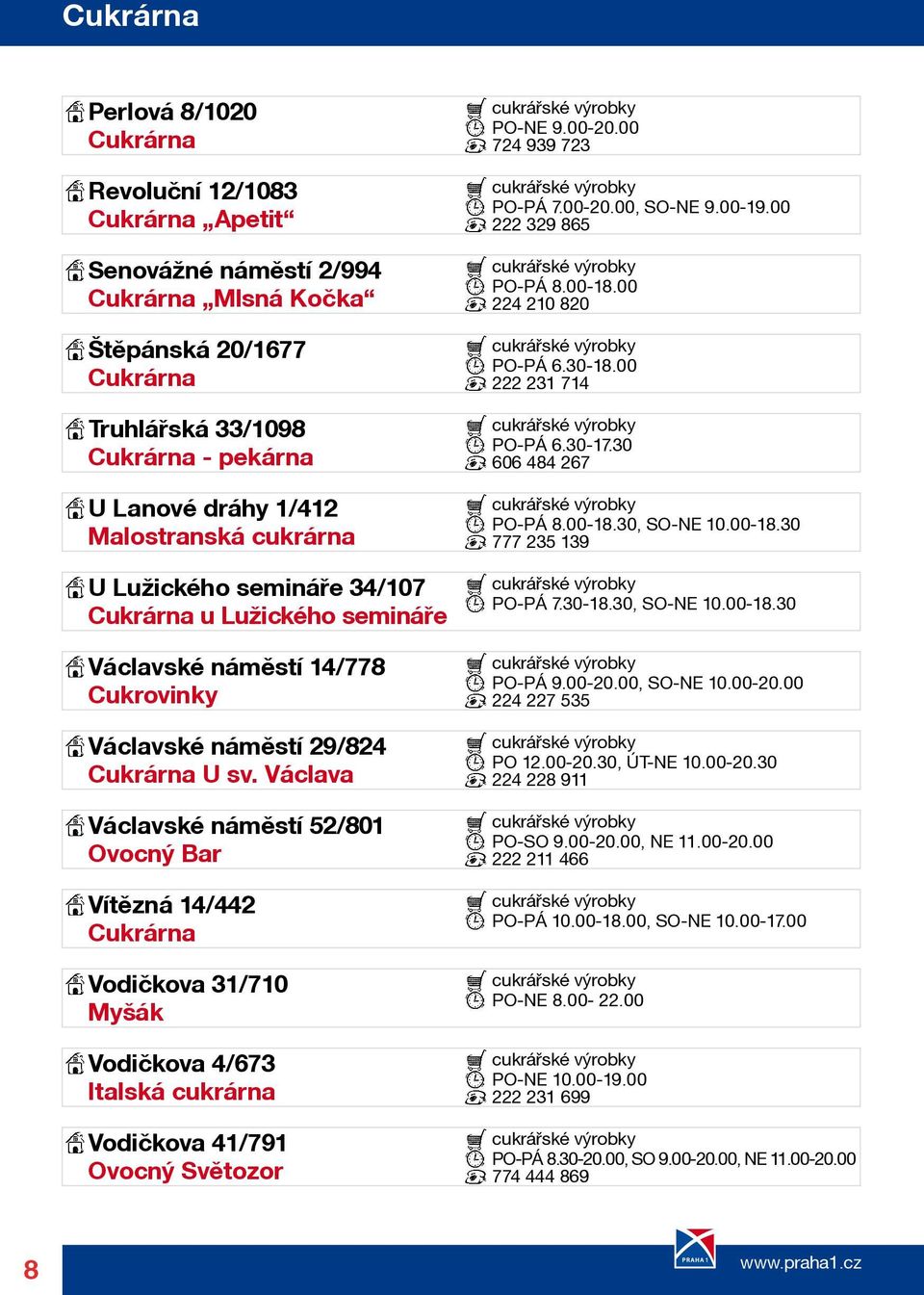 Václava Václavské náměstí 52/801 Ovocný Bar Vítězná 14/442 Cukrárna Vodičkova 31/710 Myšák Vodičkova 4/673 Italská cukrárna Vodičkova 41/791 Ovocný Světozor cukrářské výrobky PO-NE 9.00-20.