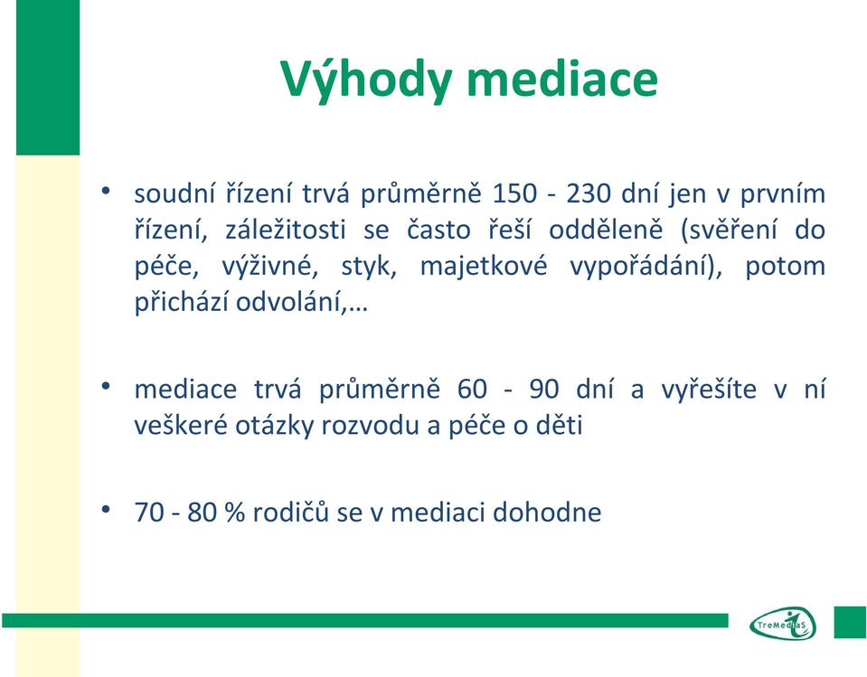 vypořádání), potom přichází odvolání, mediace trvá průměrně 60-90 dní a