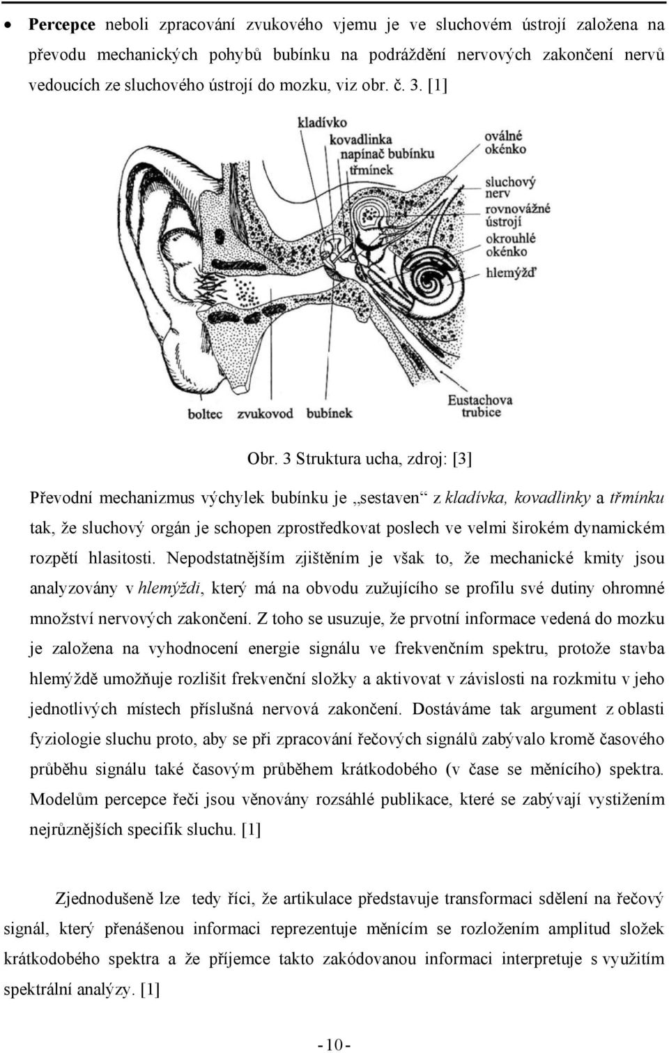 3 Struktura ucha, zdroj: [3] Převodní mechanizmus výchylek bubínku je sestaven z kladívka, kovadlinky a třmínku tak, že sluchový orgán je schopen zprostředkovat poslech ve velmi širokém dynamickém