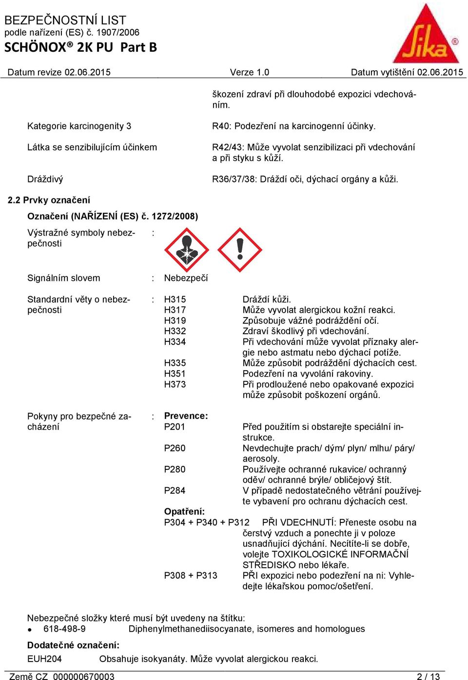 1272/2008) Výstražné symboly nebezpečnosti : Signálním slovem Standardní věty o nebezpečnosti Pokyny pro bezpečné zacházení : Nebezpečí : H315 Dráždí kůži. H317 Může vyvolat alergickou kožní reakci.