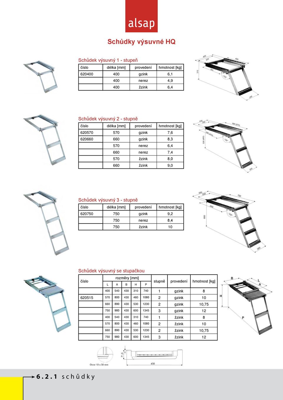 9,2 750 nerez 8,4 750 žzink 10 Schůdek výsuvný se stupačkou rozměry [mm] číslo stupně provedení hmotnost [kg] L A B H P 400 540 430 310 740 1 gzink 8 620515 570 800 430 460 1080 2 gzink 10 660 890