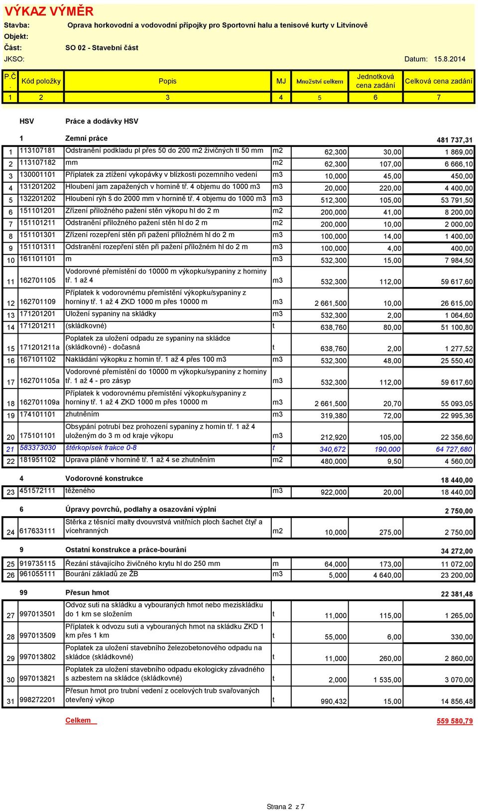 Hloubení jam zapažených v hornině tř 4 objemu do 1000 m3 m3 20,000 220,00 4 400,00 5 132201202 Hloubení rýh š do 2000 mm v hornině tř 4 objemu do 1000 m3 m3 512,300 105,00 53 791,50 6 151101201