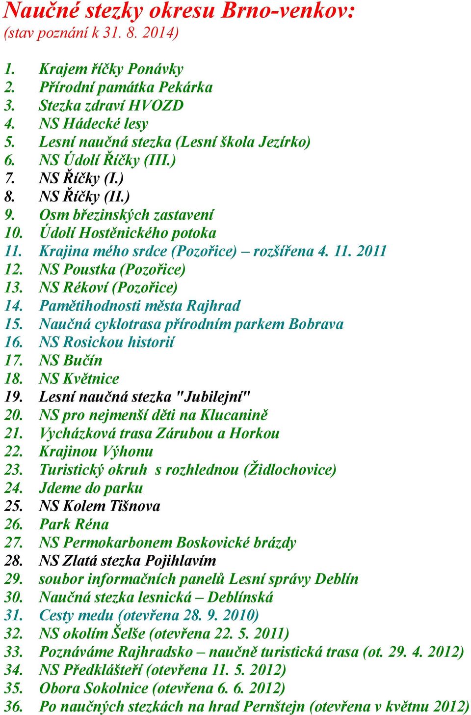 Krajina mého srdce (Pozořice) rozšířena 4. 11. 2011 12. NS Poustka (Pozořice) 13. NS Rékoví (Pozořice) 14. Pamětihodnosti města Rajhrad 15. Naučná cyklotrasa přírodním parkem Bobrava 16.