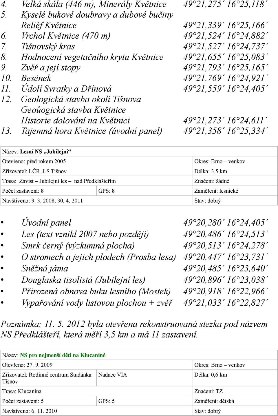 Údolí Svratky a Dřínová 49 21,559 16 24,405 12. Geologická stavba okolí Tišnova Geoůogická stavba Květnice Historie dolování na Květnici 49 21,273 16 24,611 13.