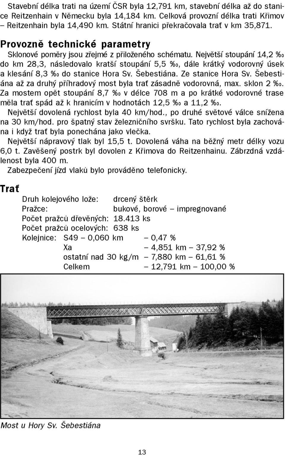 Největší stoupání 14,2 do km 28,3, následovalo kratší stoupání 5,5, dále krátký vodorovný úsek a klesání 8,3 do stanice Hora Sv. Šebestiána. Ze stanice Hora Sv.