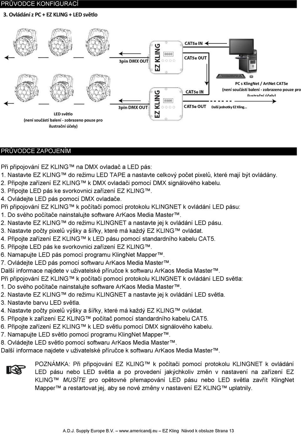 účely) Další jednotky EZ Kling... PRŮVODCE ZAPOJENÍM Při připojování EZ KLING na DMX ovladač a LED pás: 1.
