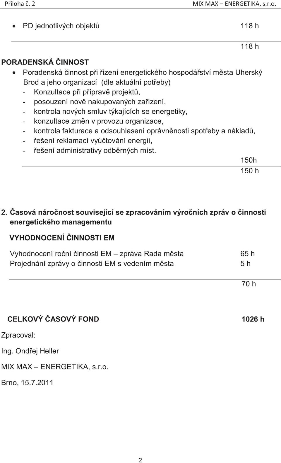 reklamací vyútování energií, - ešení administrativy odbrných míst. 150h 150 h 2.