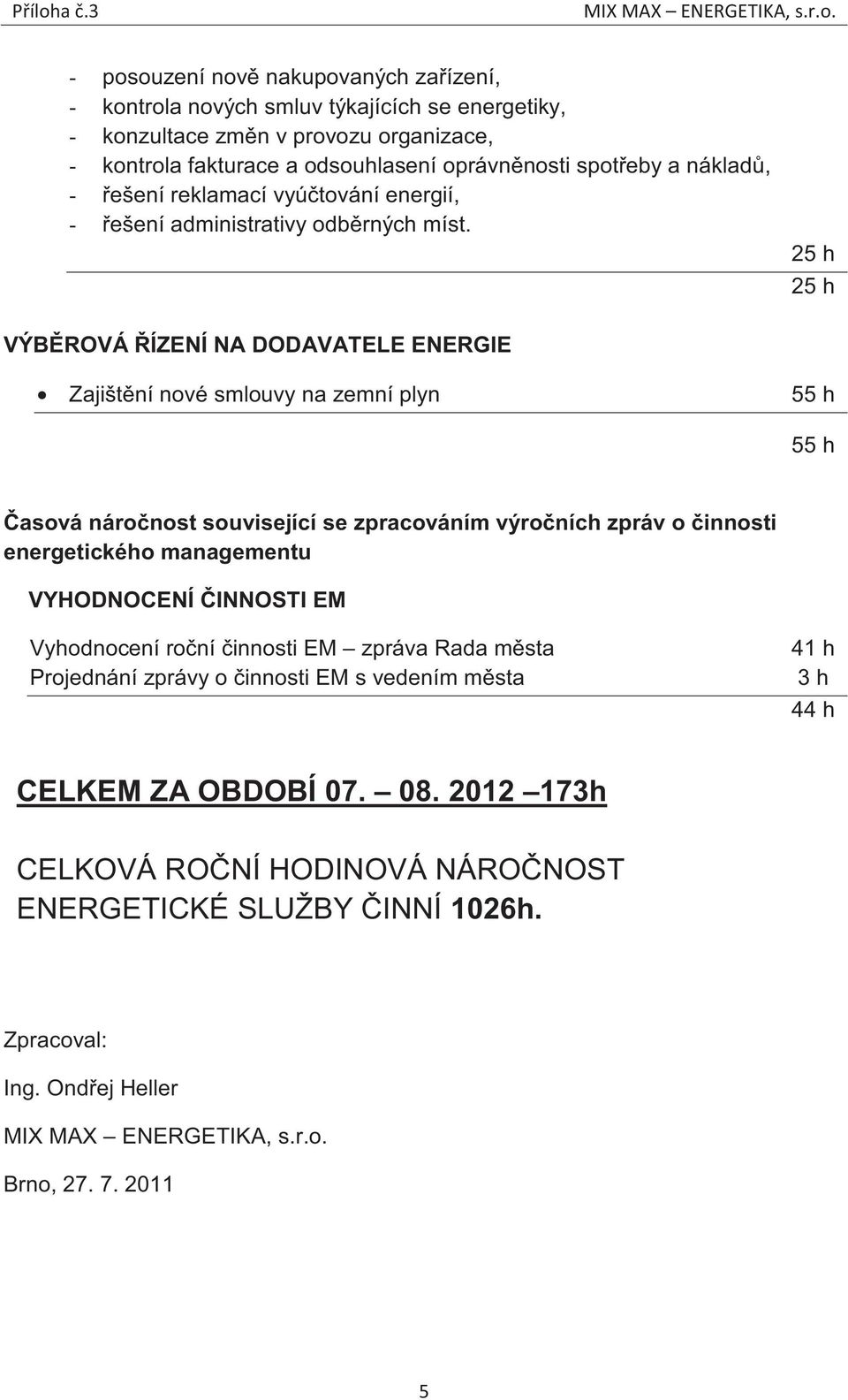 25 h 25 h VÝBROVÁ ÍZENÍ NA DODAVATELE ENERGIE Zajištní nové smlouvy na zemní plyn 55 h 55 h asová náronost související se zpracováním výroních zpráv o innosti energetického managementu