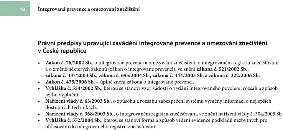 , zákona č. 695/2004 Sb., zákona č. 444/2005 Sb. a zákona č. 222/2006 Sb. Zákon č. 435/2006 Sb. úplné znění zákona o integrované prevenci. Vyhláška č. 554/2002 Sb.