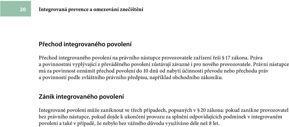 Právní nástupce má za povinnost oznámit přechod povolení do 10 dnů od nabytí účinnosti převodu nebo přechodu práv a povinností podle zvláštního právního předpisu, například obchodního zákoníku.