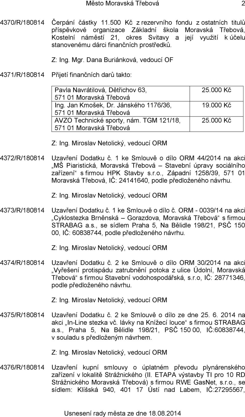 4371/R/180814 Přijetí finančních darů takto: Pavla Navrátilová, Dětřichov 63, 571 01 Moravská Třebová Ing. Jan Kmošek, Dr. Jánského 1176/36, 571 01 Moravská Třebová AVZO Technické sporty, nám.